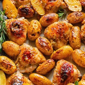 Top down shot of honey mustard chicken thighs in a baking tray with potatoes