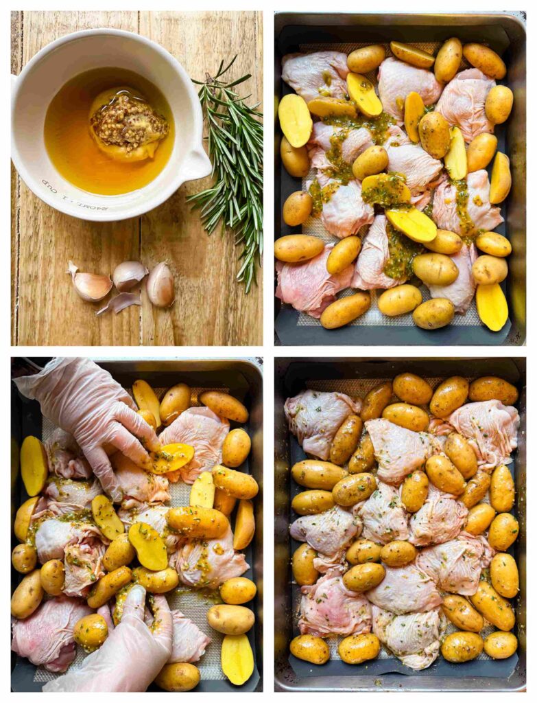 Process shots of chicken thighs being glazed and placed on baking tray before cooked