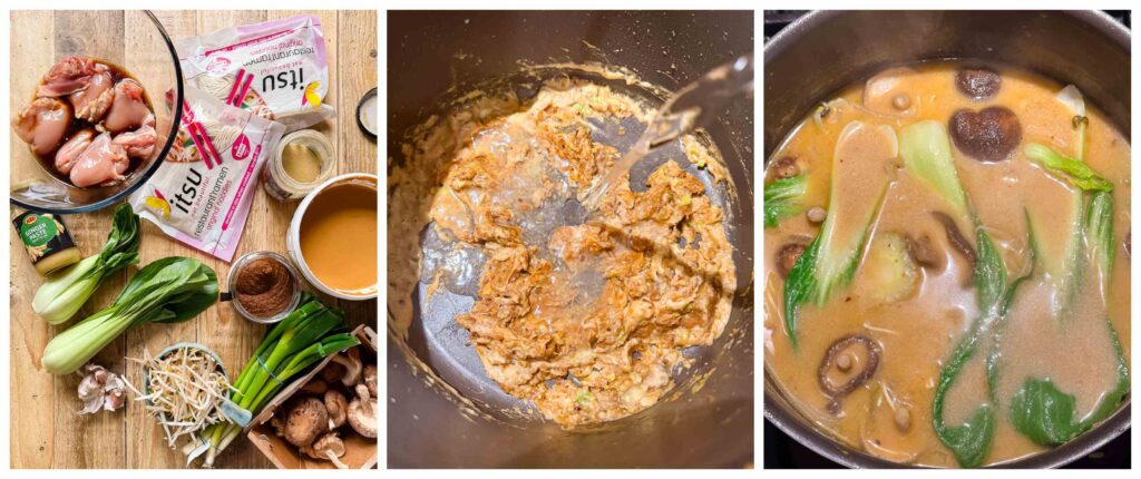 Process shots of ramen ingredients being prepared before cooked together in a pot