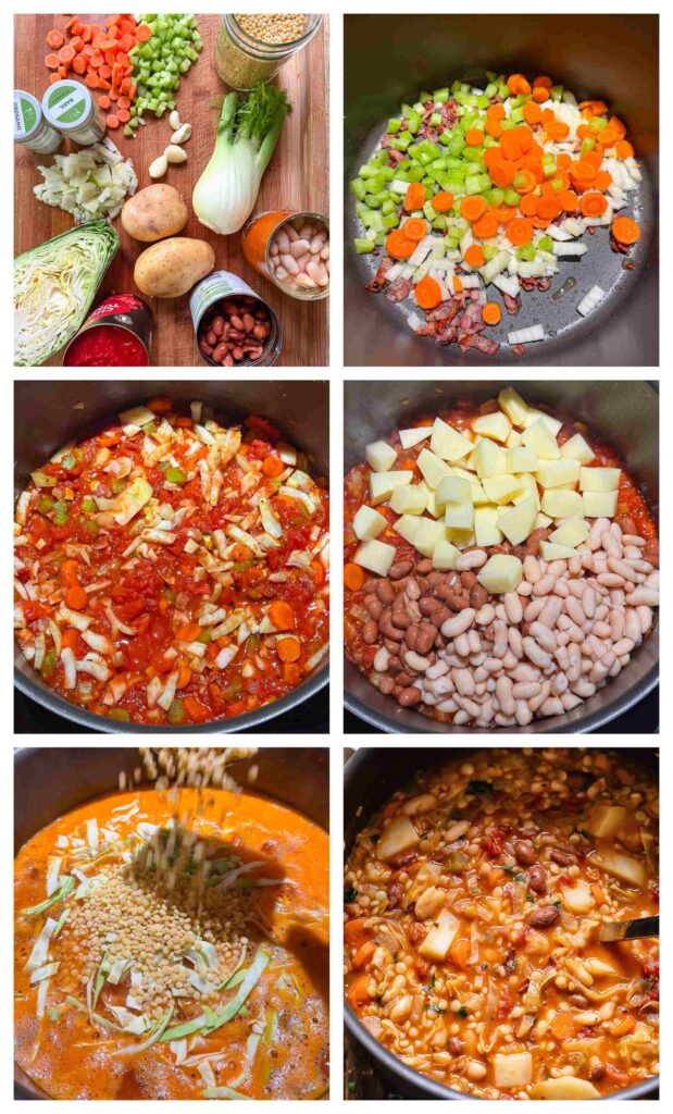 Process shots of veg, beans and small pasta being prepped before cooked into soup in a pot