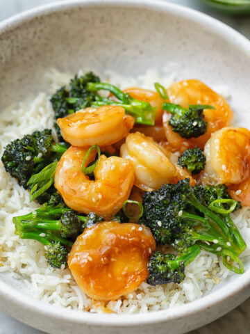 Close up shot of shrimp and broccoli stir fry on top of a bowl of rice