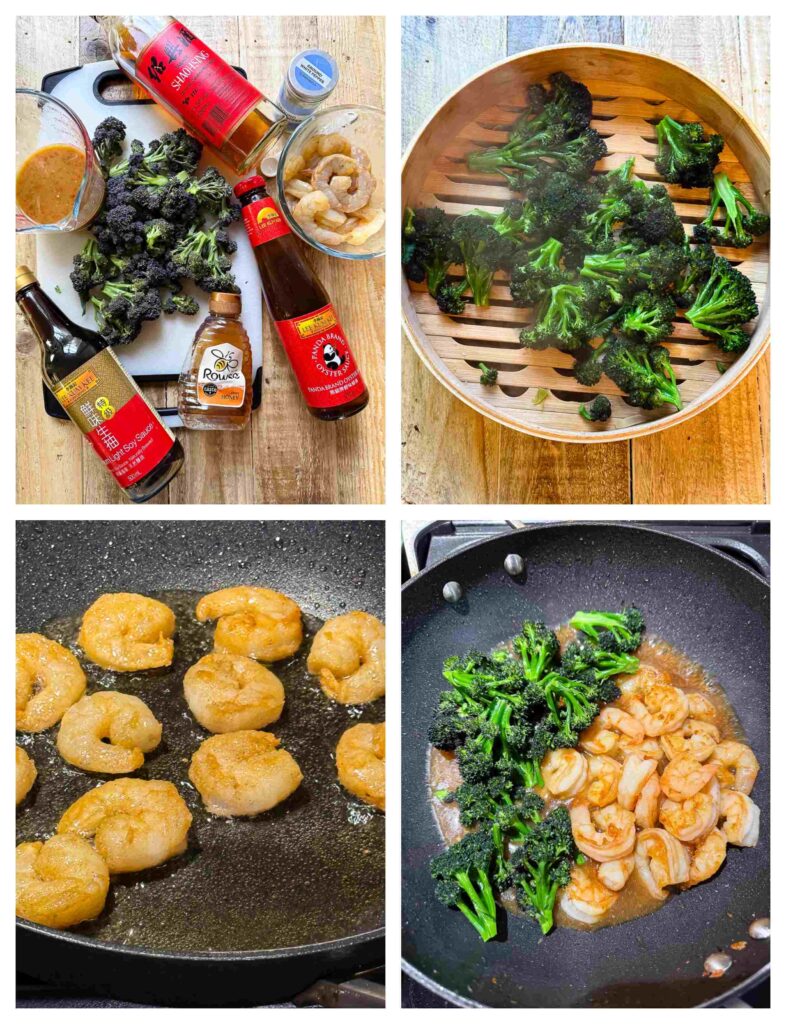 Process shots of shrimp being prepared before stir fried