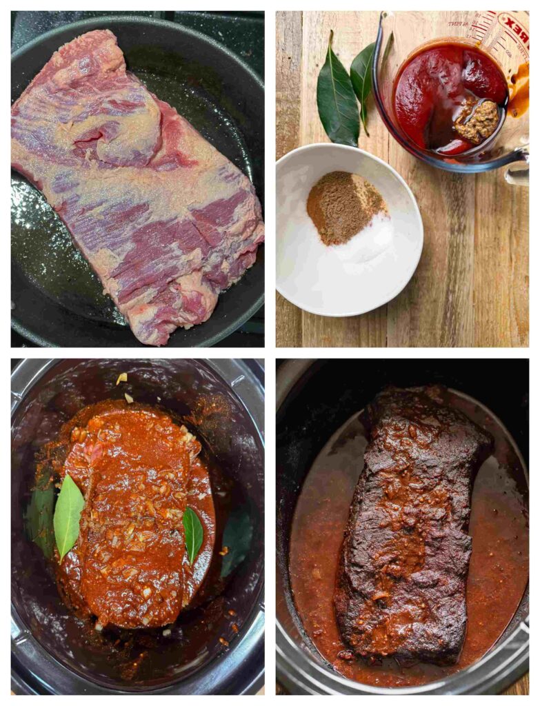 Process shots of beef brisket being prepped before left in slow cooker
