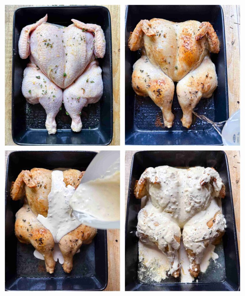 Process shots of whole chicken being seasoned and prepared then roasted