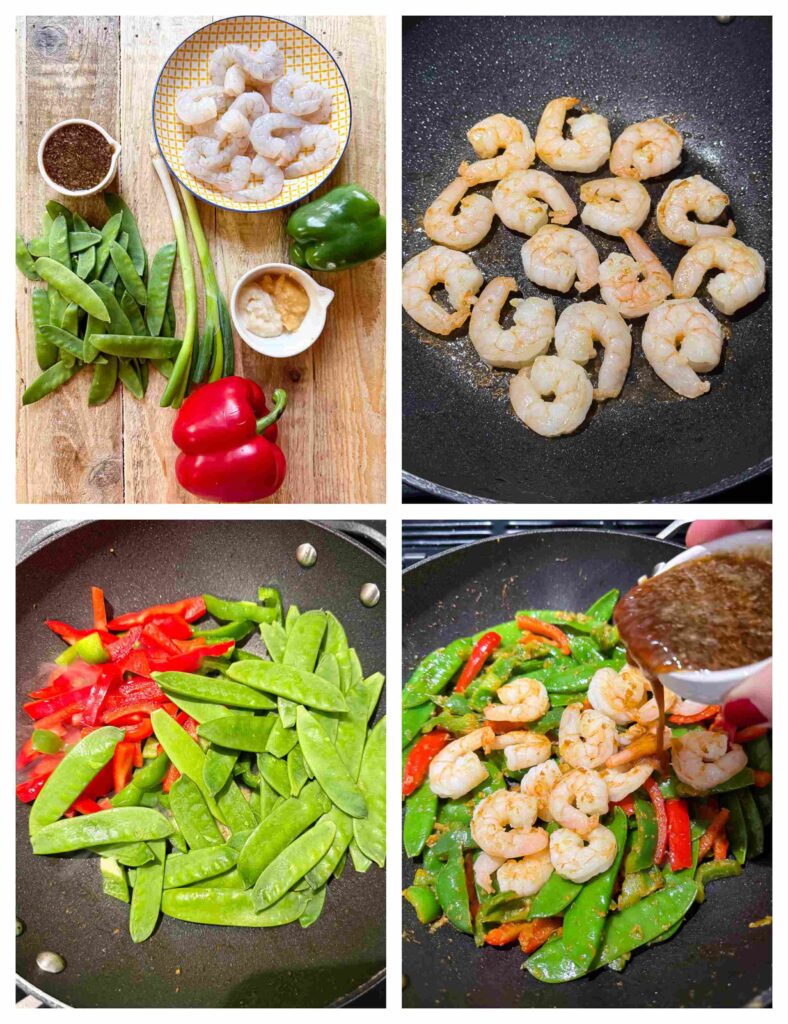 Process shots of veg and shrimp being prepared before stir fried