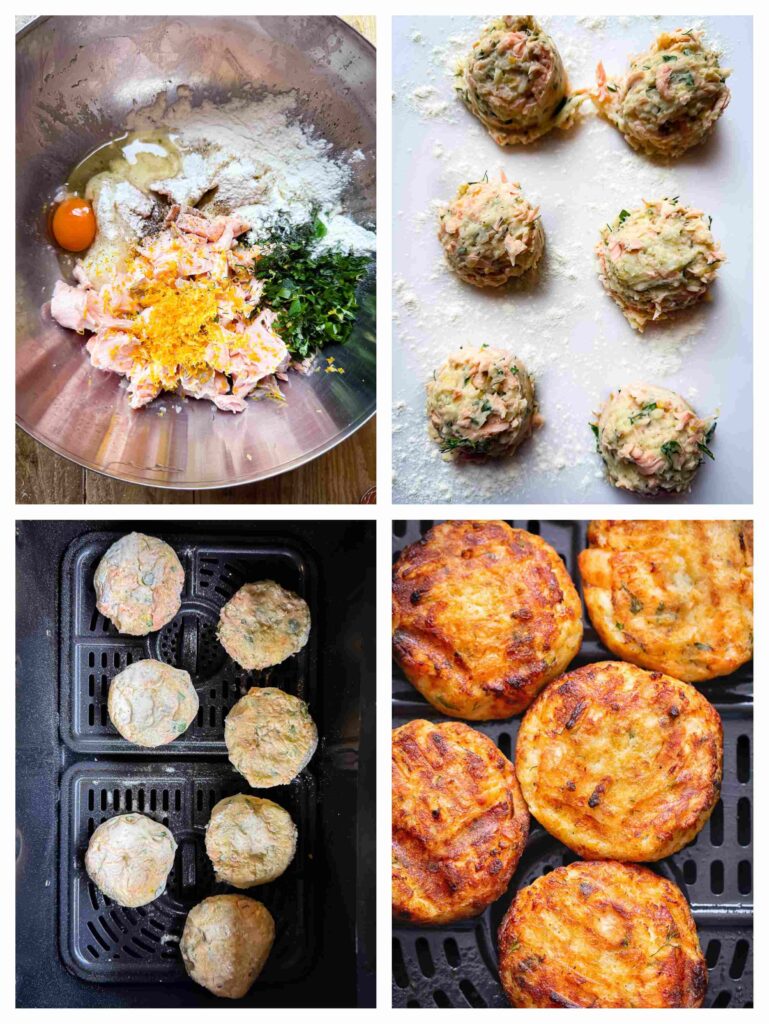 Process shots of salmon cake mixture being combined then rolled into balls before cooked in air fryer