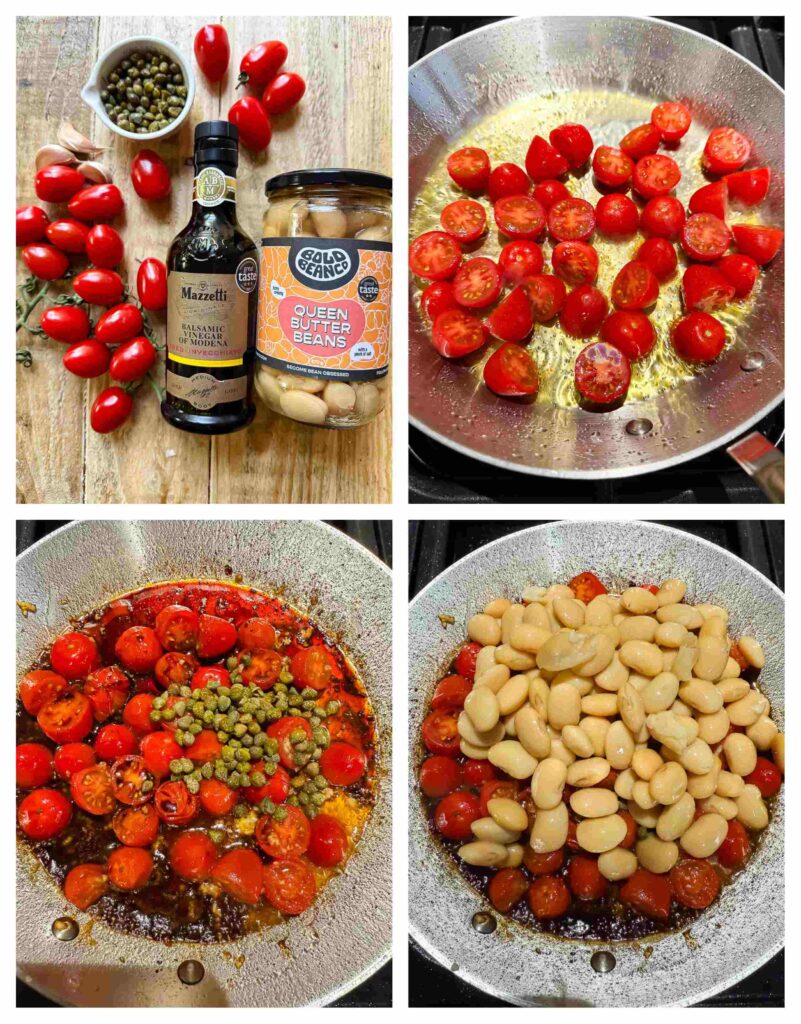 Process shots of butter beans and cherry tomatoes being prepped then cooked in a pan