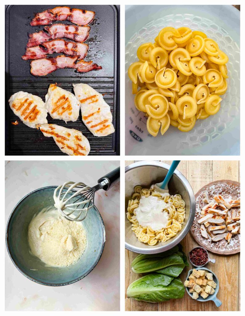 Process shots of chicken being grilled and salad dressing prepared