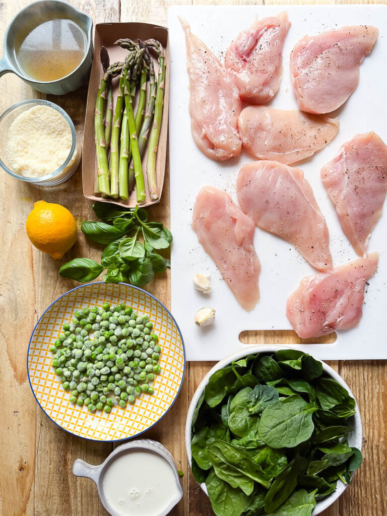 Process shots of all chicken primavera ingredients on a cutting board