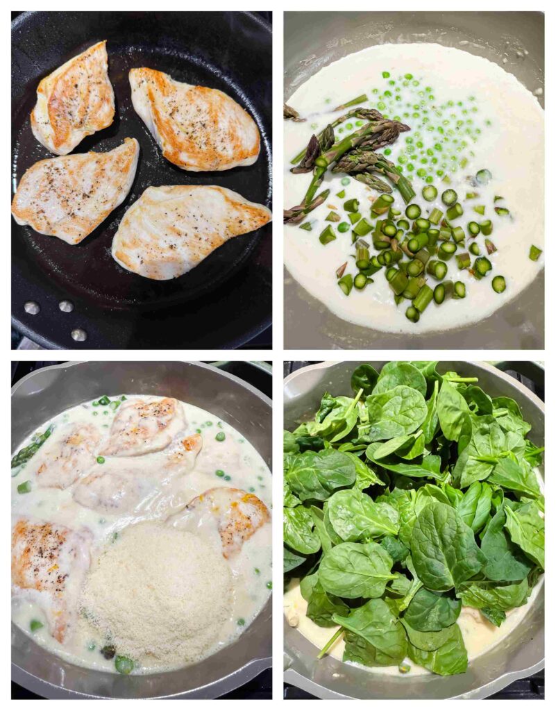 Process shots of chicken primavera being cooked in a pan