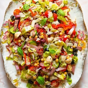 Top down shot of Italian chopped salad on a serving platter