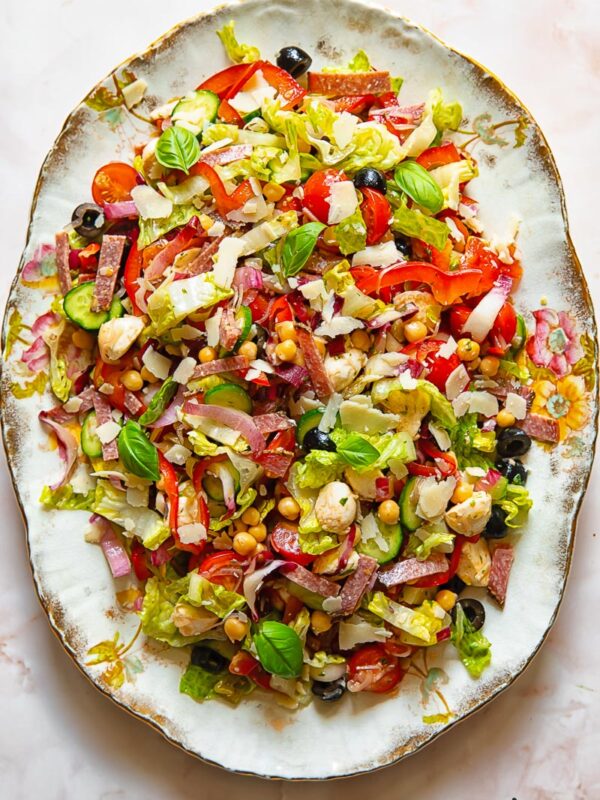 Top down shot of Italian chopped salad on a serving platter