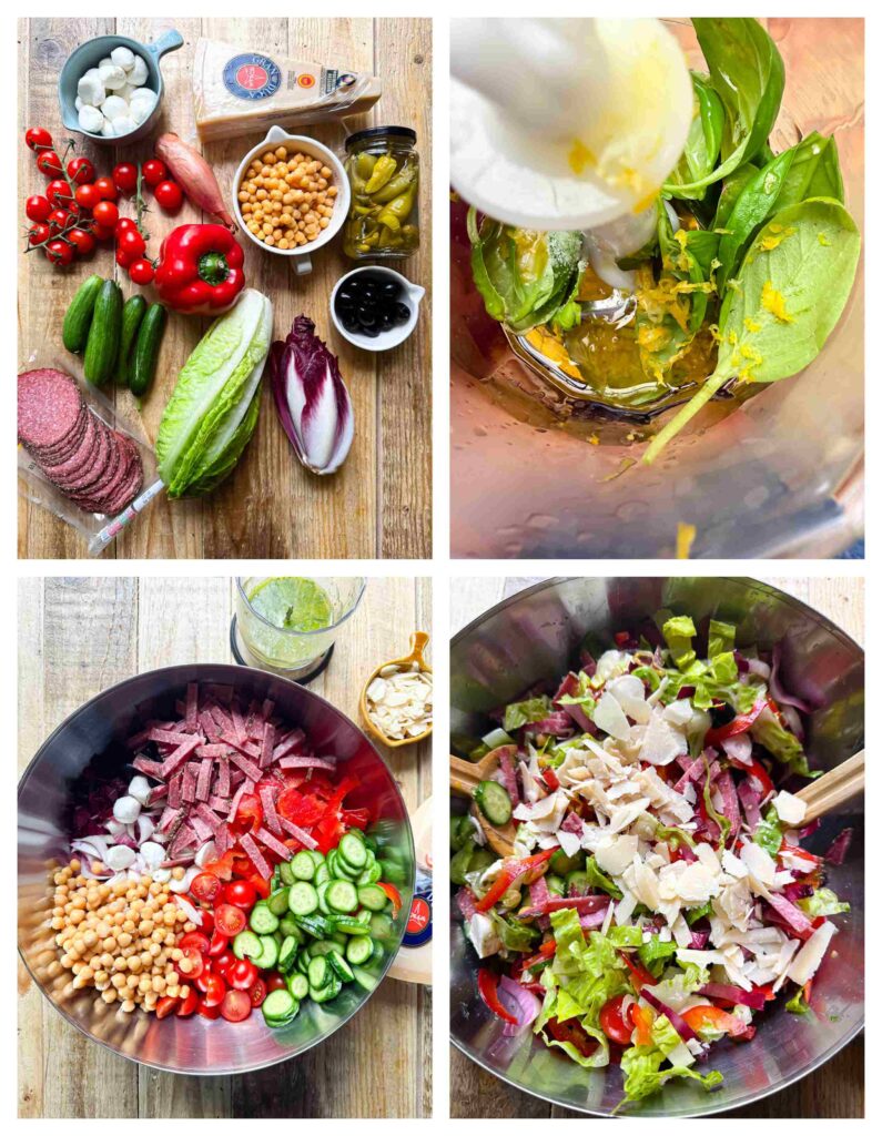 Process shots of salad ingredients and dressing being prepared
