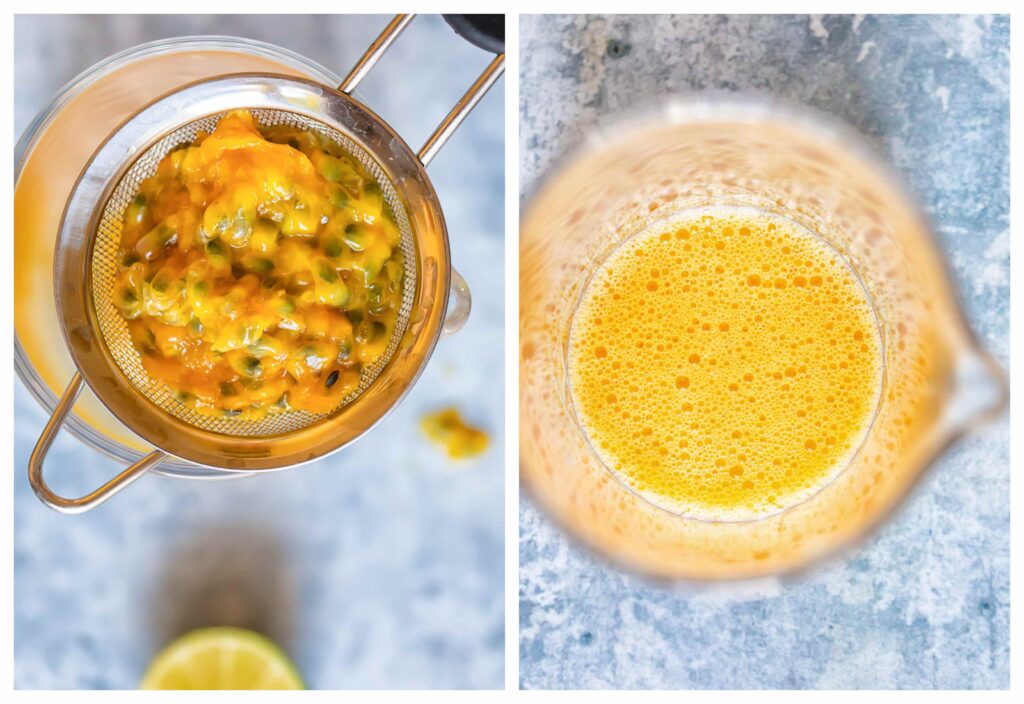 Process shots of passion fruit being muddled then added to margarita