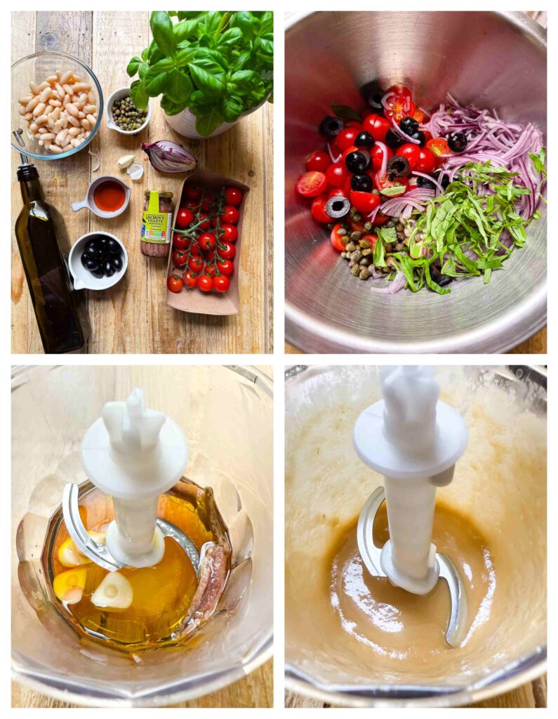 Process shots of the bean salad and dressing being prepared