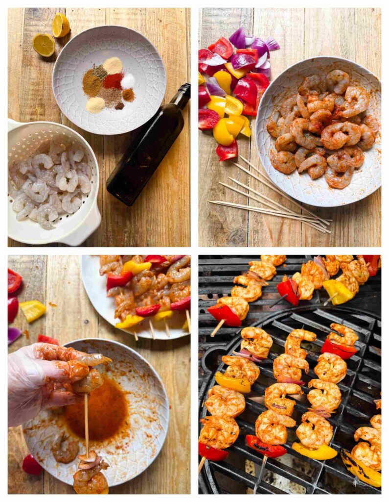 Process shots of shrimps being marinated and barbecued