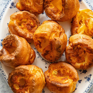 Top down shot of Yorkshire puddings on a platter