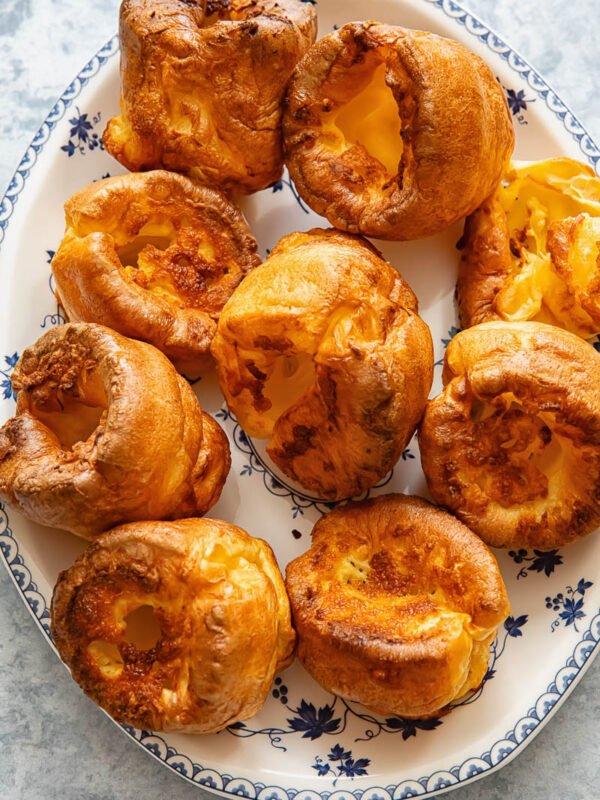 Top down shot of Yorkshire puddings on a platter