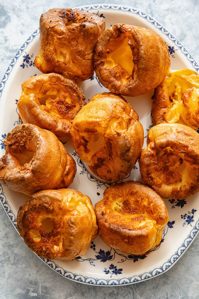 Top down shot of Yorkshire puddings on a platter