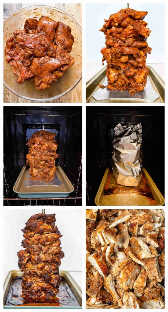 Process shots of chicken thighs being marinaded and skewered before roasted