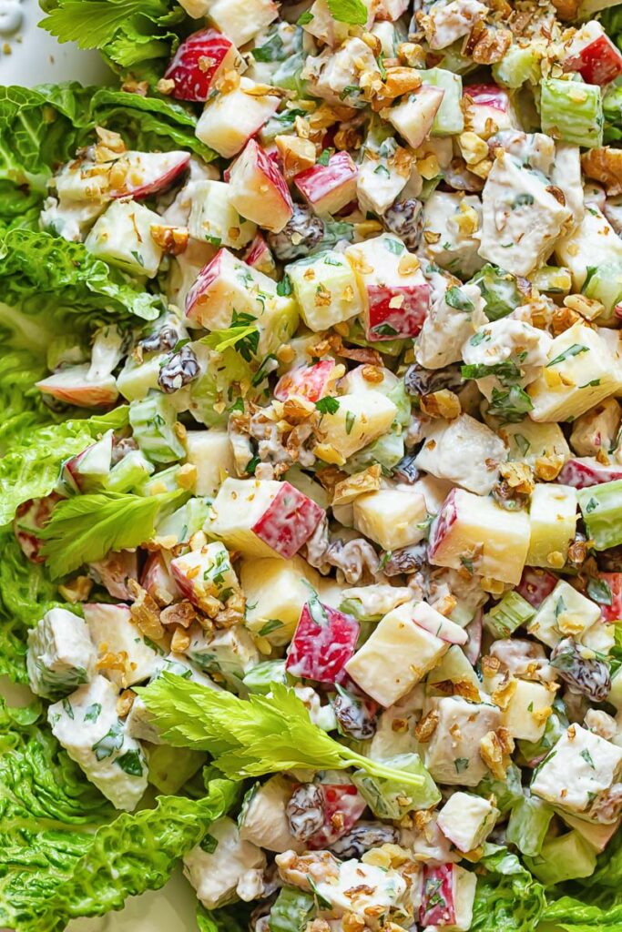 Close up shot of chicken waldorf salad on a serving dish