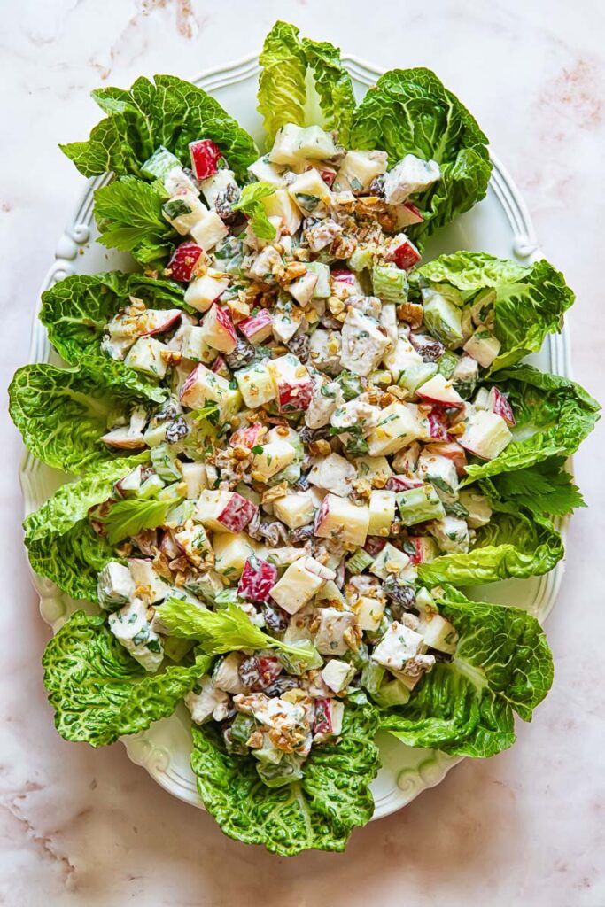 Top down shot of chicken waldorf salad on a bed of lettuce