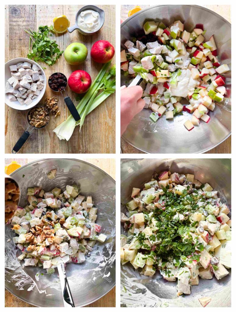 Process shots of salad ingredients being prepped and combined