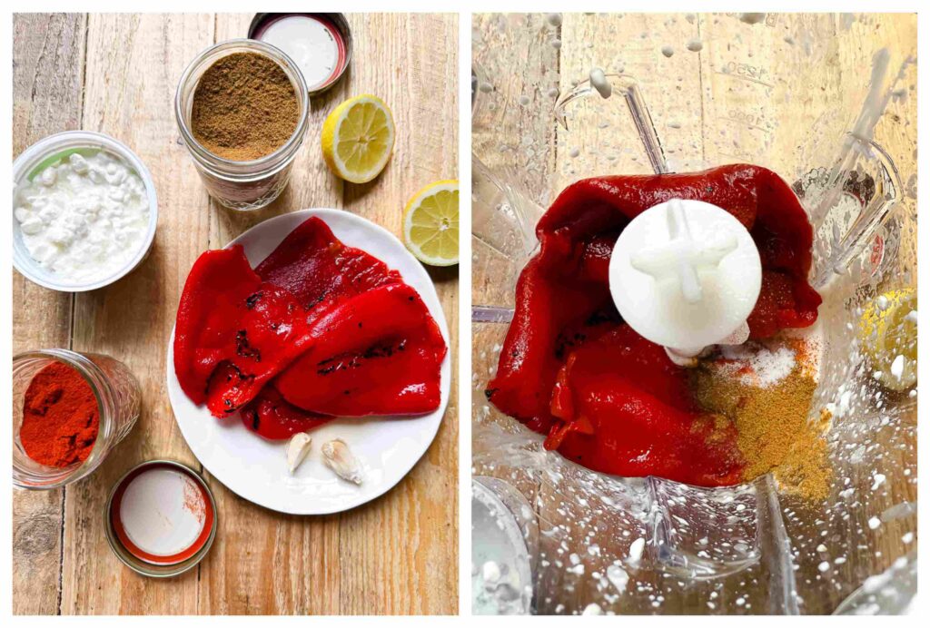 Process shots of red pepper dip ingredients being blended