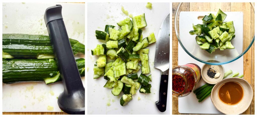 Process shots of cucumber being crushed and sliced before added to salad