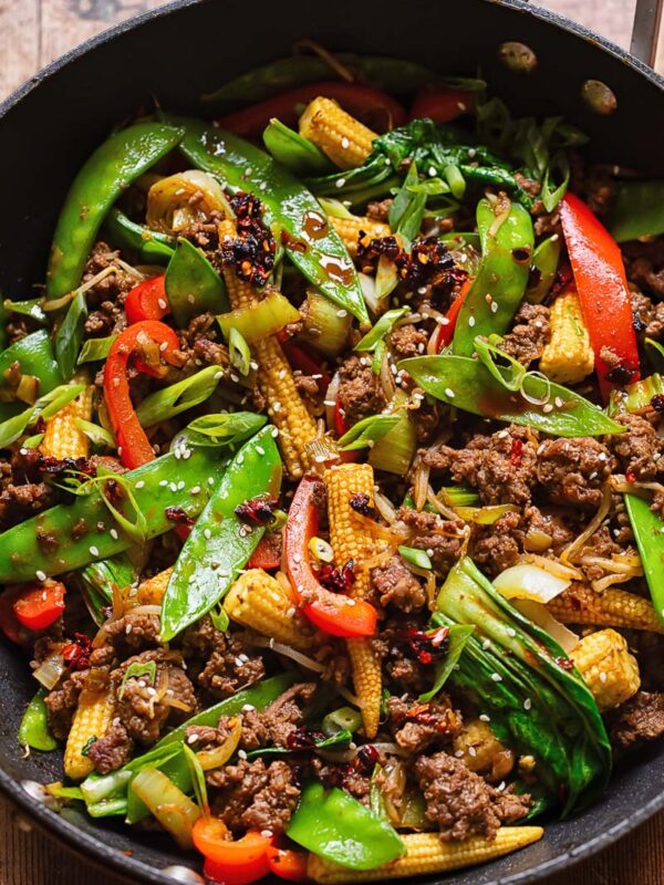 Top down shot of beef stir fry in a large pan