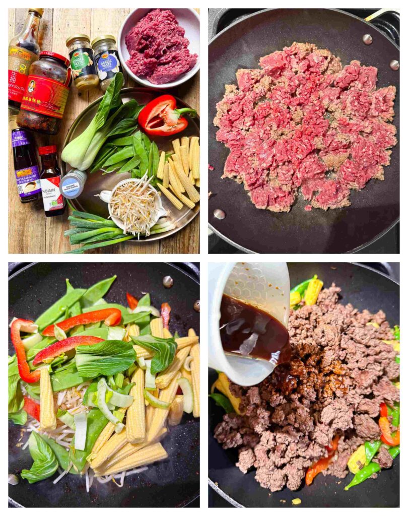 Process shots of beef and veg being prepared and stir fried
