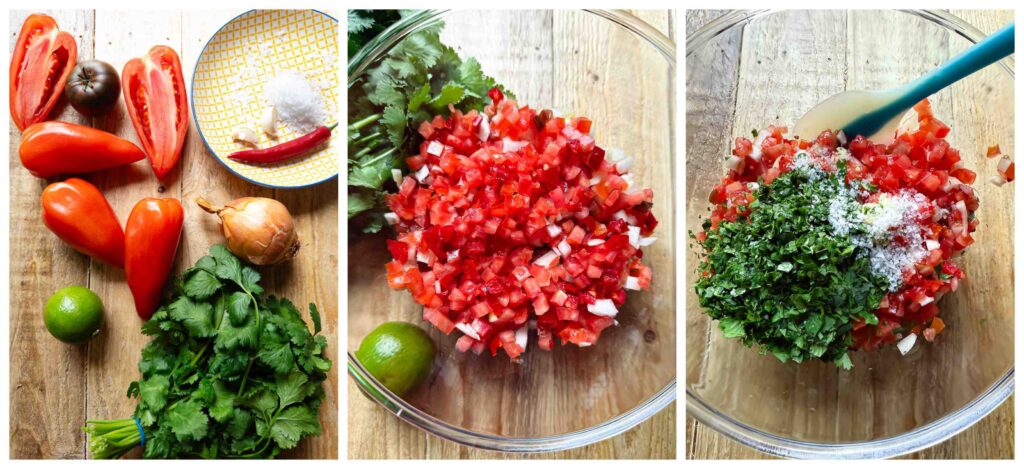 Process shots of ingredients being finely sliced and mixed together