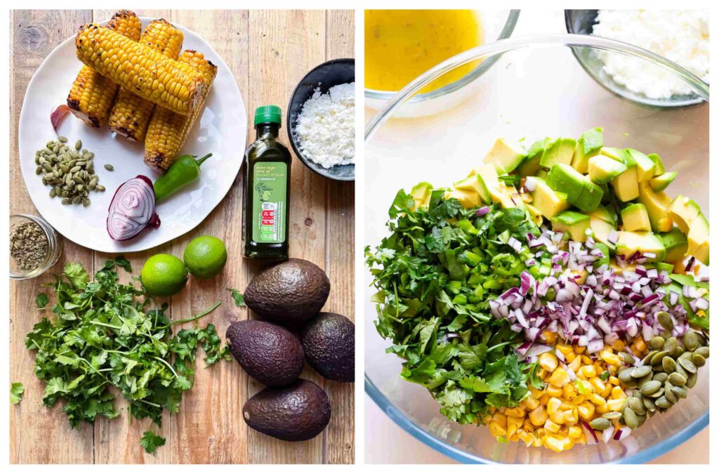 Process shots of salad ingredients being chopped and combined in a bowl