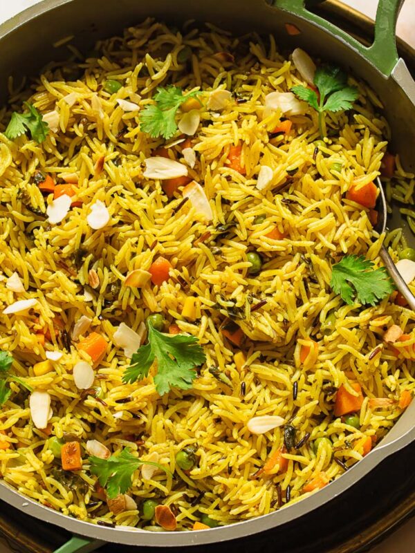 Wild rice pilaf in a large pan