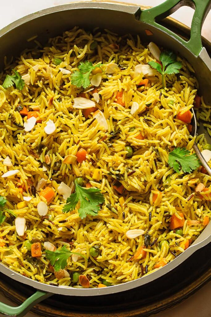 Wild rice pilaf in a large pan