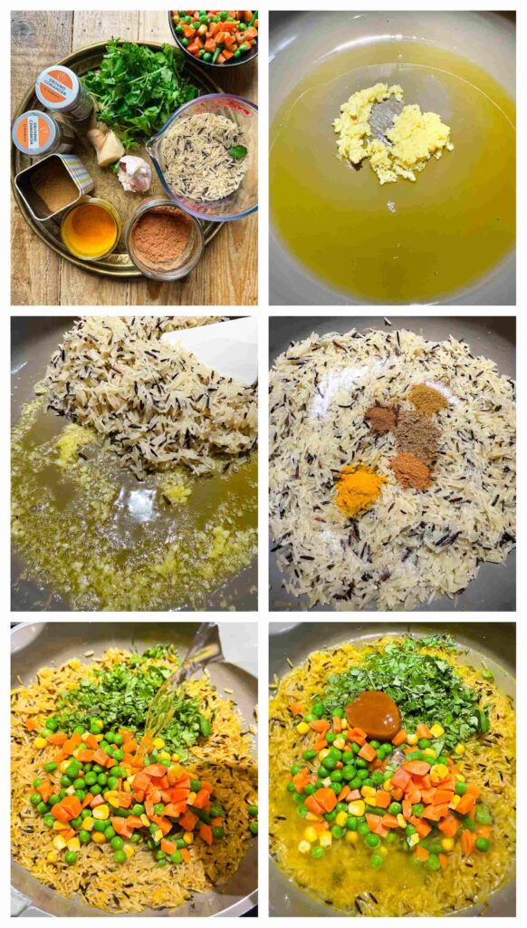 Prcoess shots of pilaf ingredients being prepped and cooked din a pan