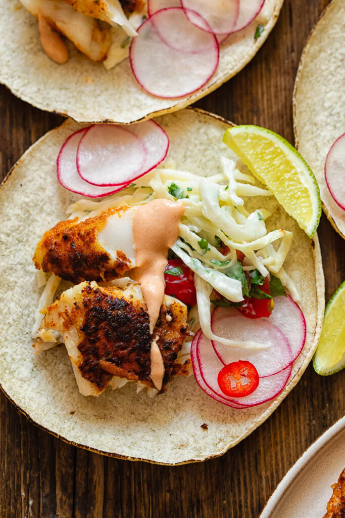 blackened fish taco from the top down and with several fixings