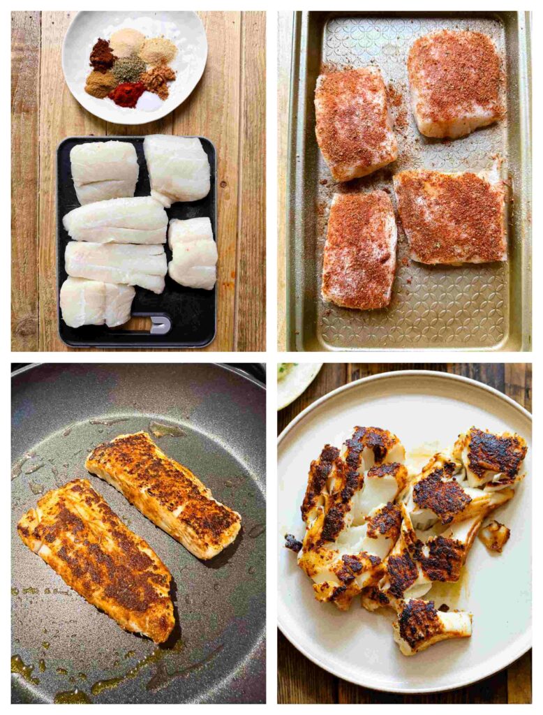four process shots showing the preparation and cooking of the cod