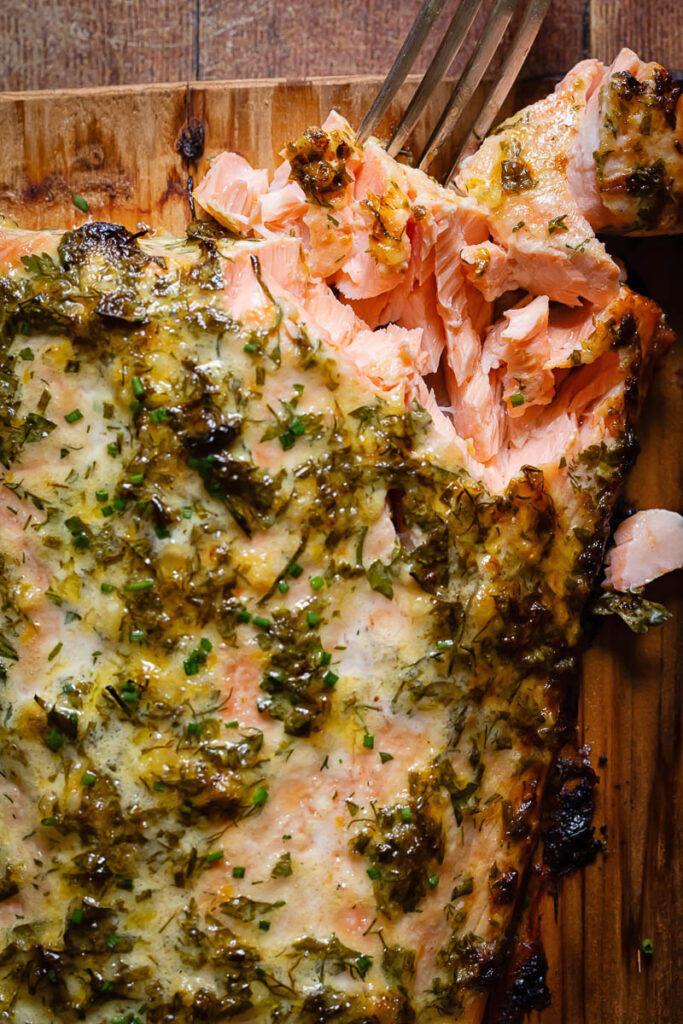 Close up of cedar plank salmon cross section