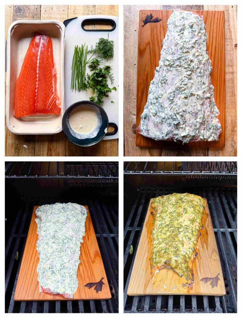 Process shots of salmon being seasoned and barbecued 