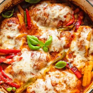 Top down shot of chicken marinara in a large pan