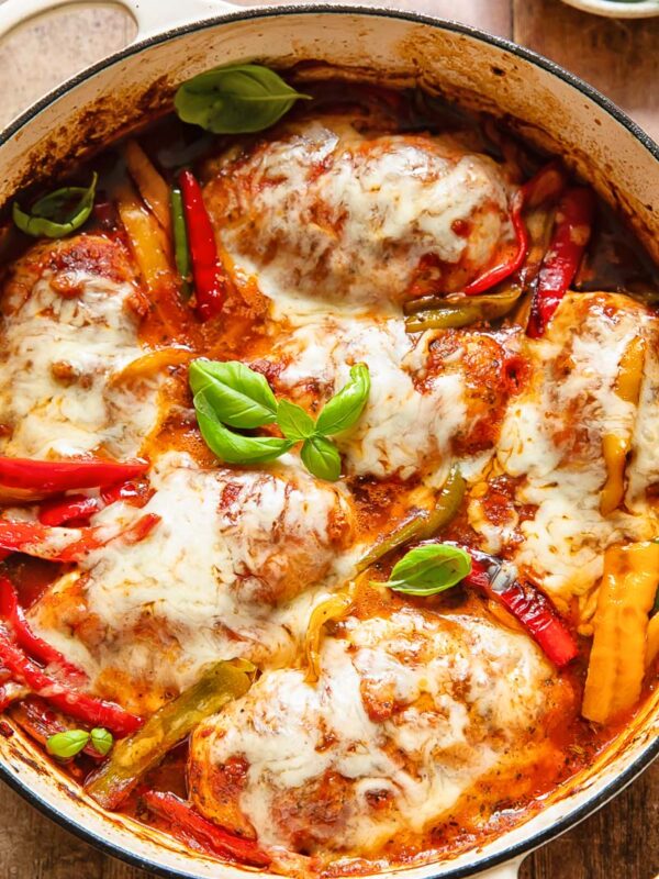Top down shot of chicken marinara in a large pan