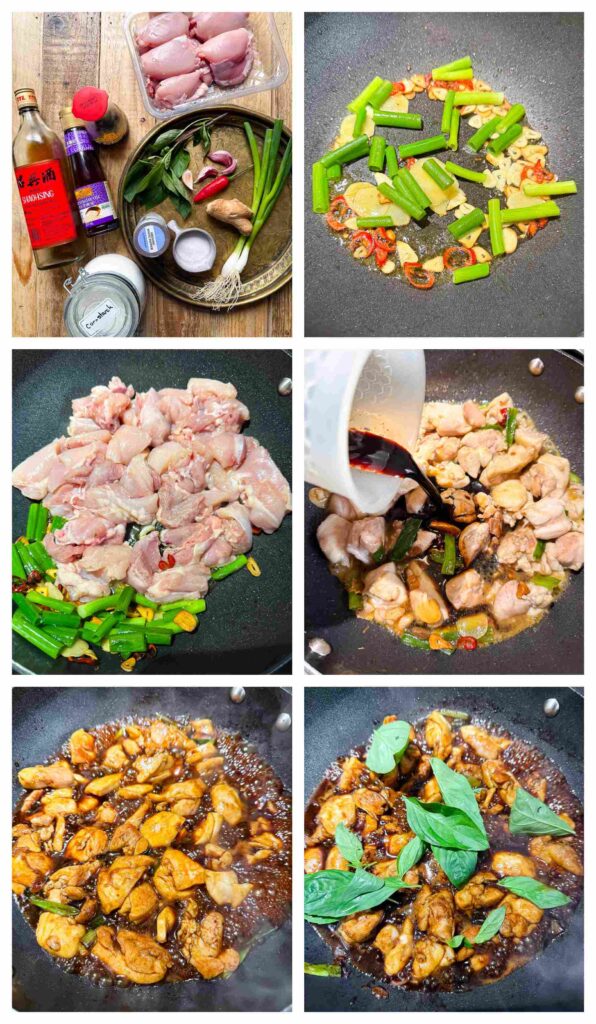 Process shots of ingredients being prepped and stir fried