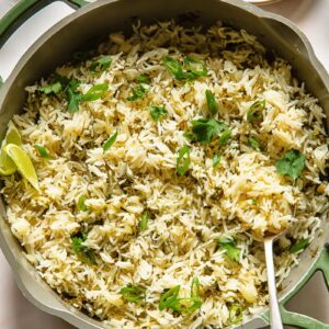 Top down shot of cilantro lime rice in a large pan