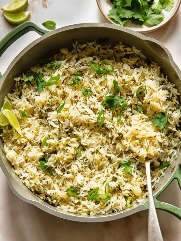 Top down shot of cilantro lime rice in a large pan