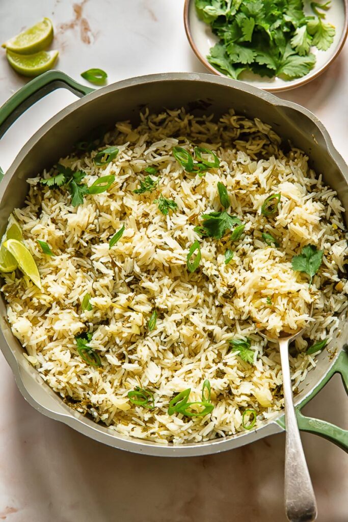 Top down shot of cilantro lime rice in a large pan