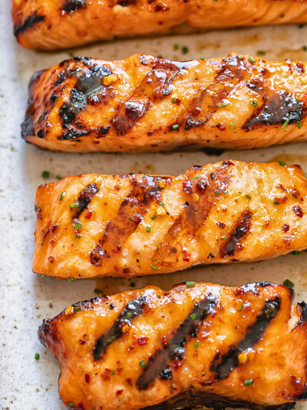 Close up shot of maple glazed salmon fillet slices