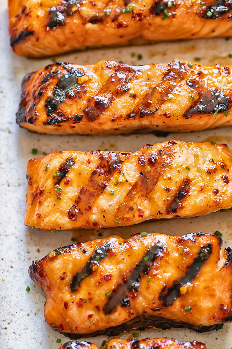 Close up shot of maple glazed salmon fillet slices