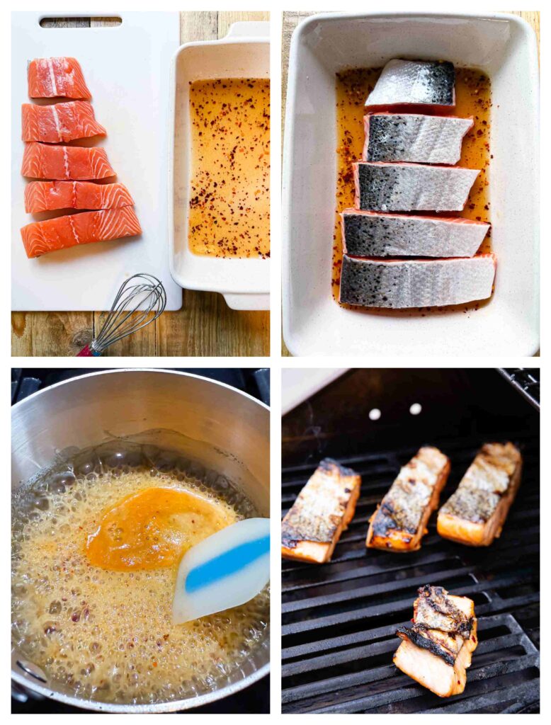 Process shots of salmon being marinated and grilled