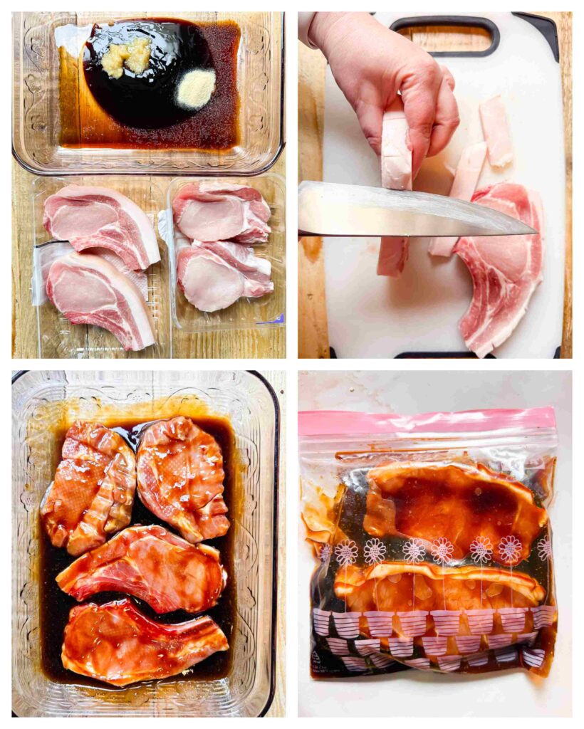 Process shots of pork chops being prepped and marinated 